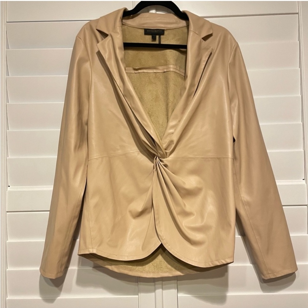 Donna Karan Twist Front V-neck Vegan Leather Collared Top Blouse Cream Tan L